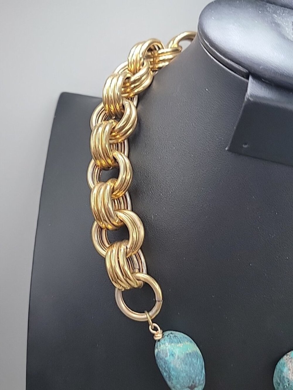 Vintage Turquoise Stone & Gold Chain Necklace Large Natural Turquoise Pendant - Picture 6 of 16